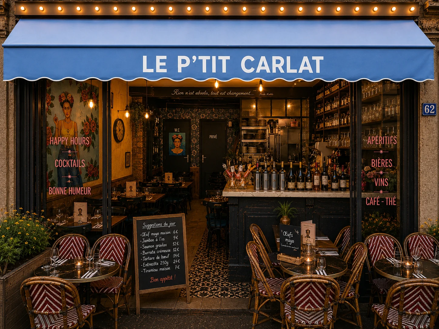 Façade et terrasse du P'tit Carlat, bistrot parisien rue de la Victoire