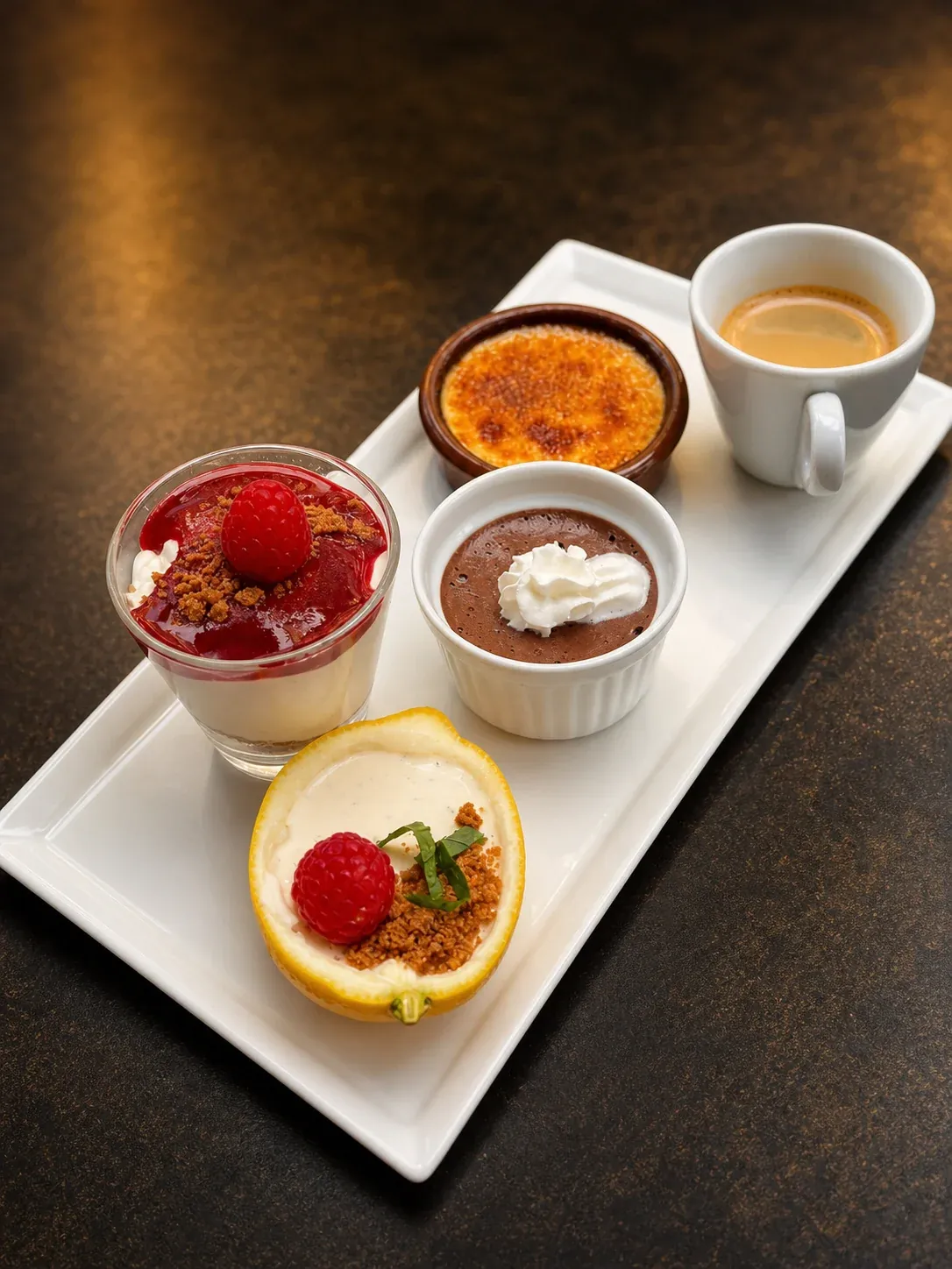 Café gourmand : crème brûlée, mousse au chocolat et tartelette